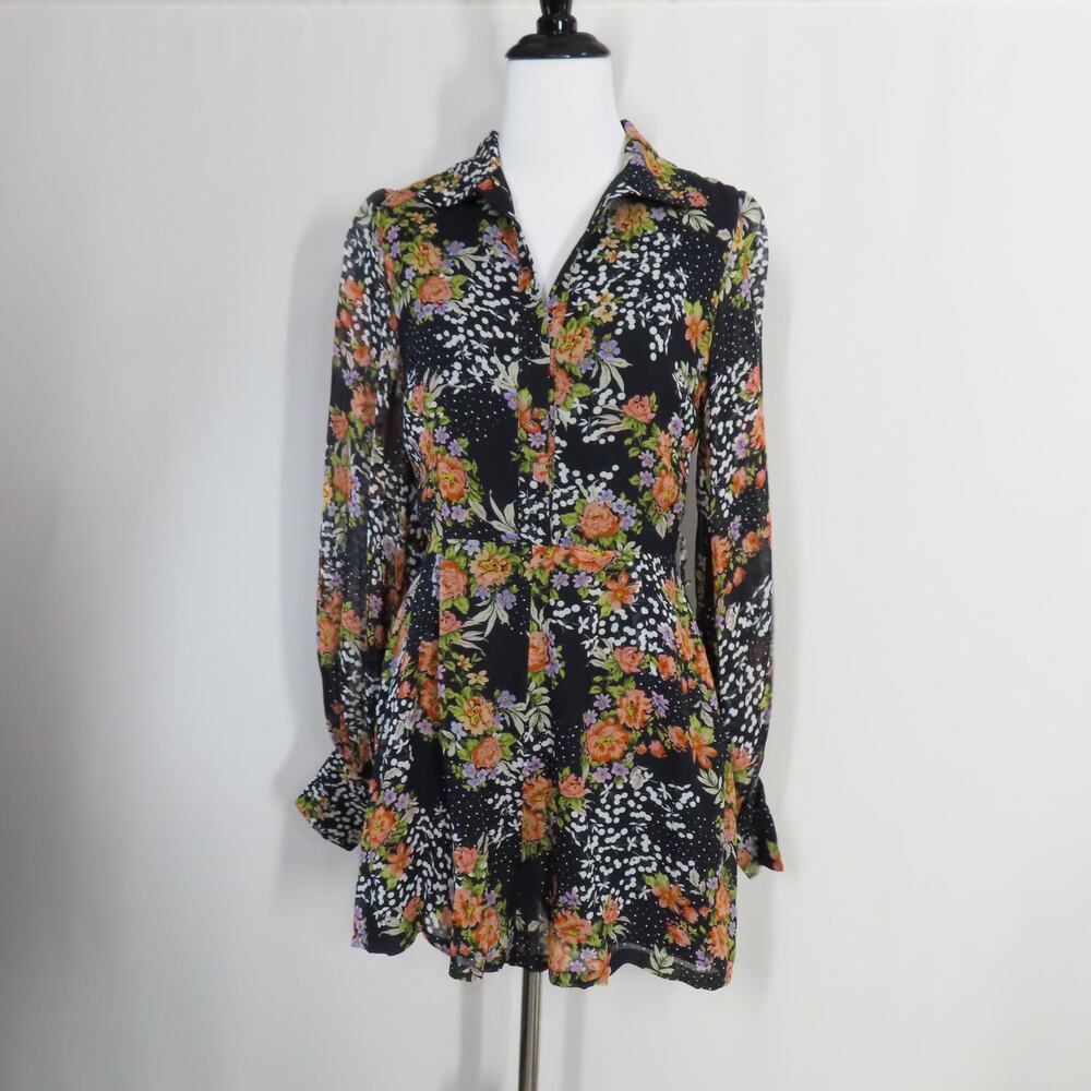 Yumi Kim Midnight Magic Black Floral Long Sleeve Button-up Perry Romper X-Small